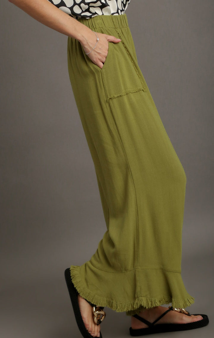 LINEN BLEND ELASTIC WAIST BAND PANT WITH POCKETS