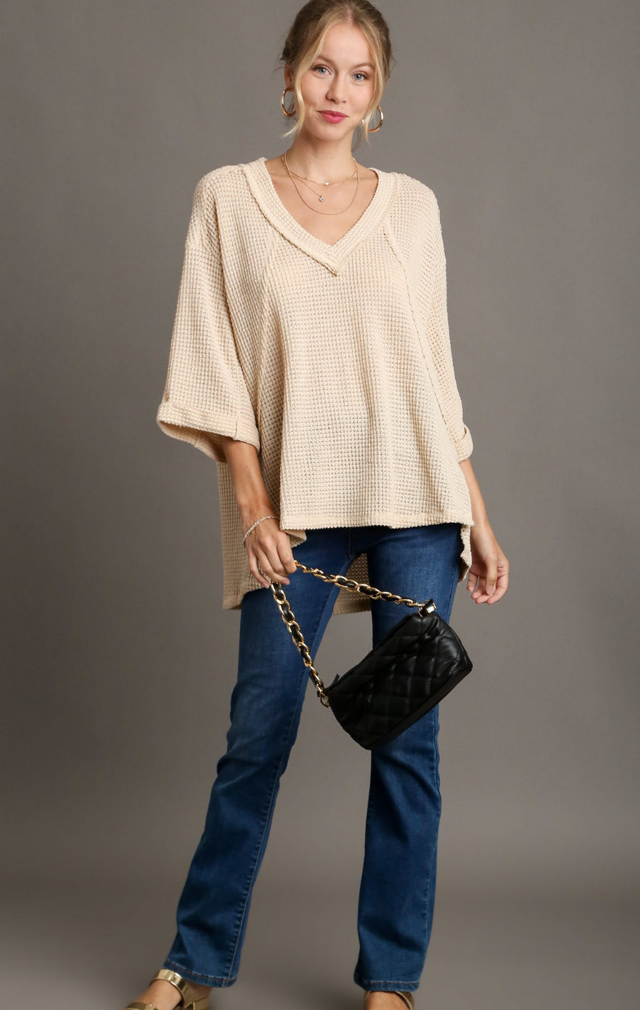 WAFFLE KNITE BOXY CUT TOP WITH V-NECK