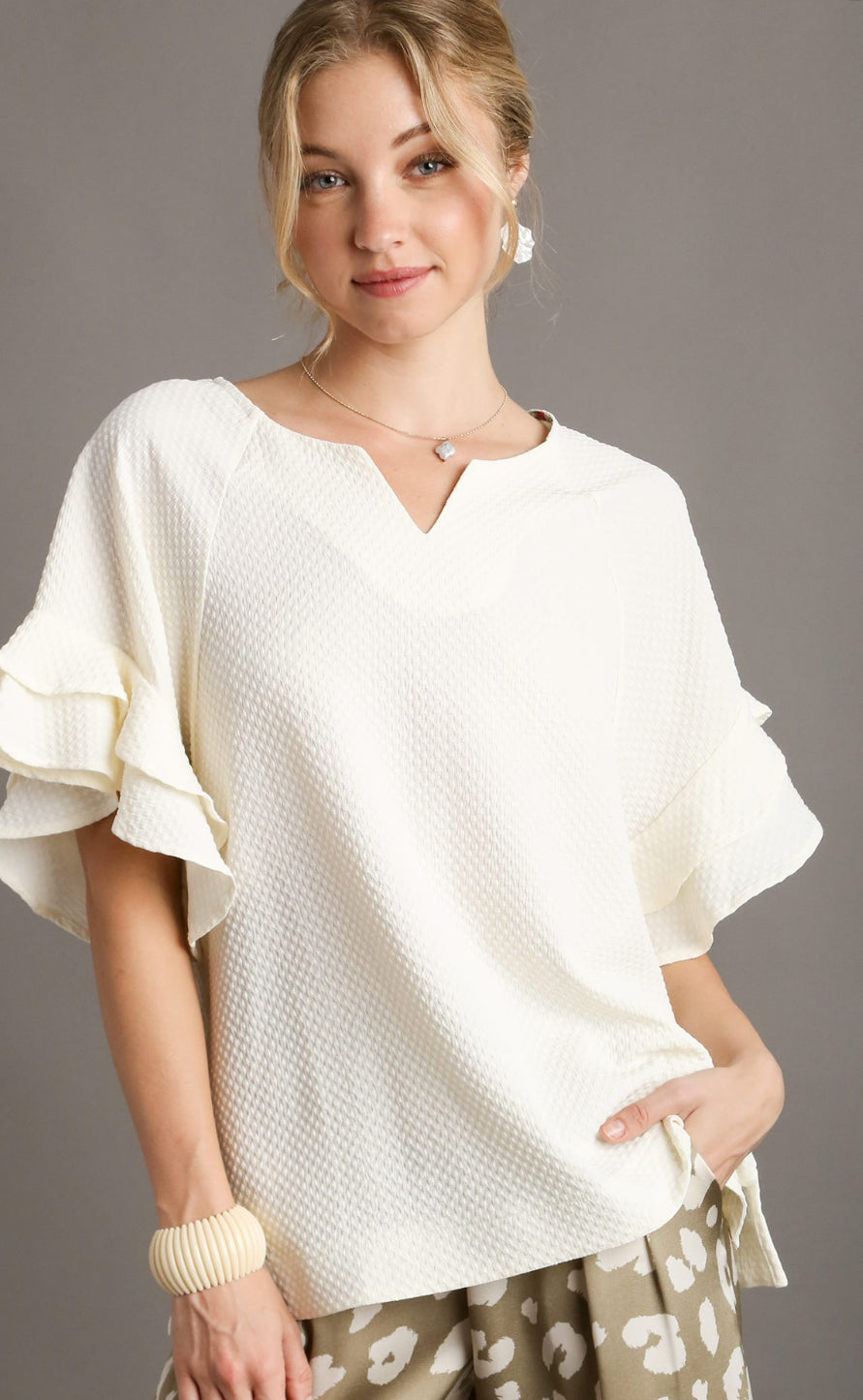 BOXY CUT SPLIT NECK TOP WITH RUFFLED SLEEVES