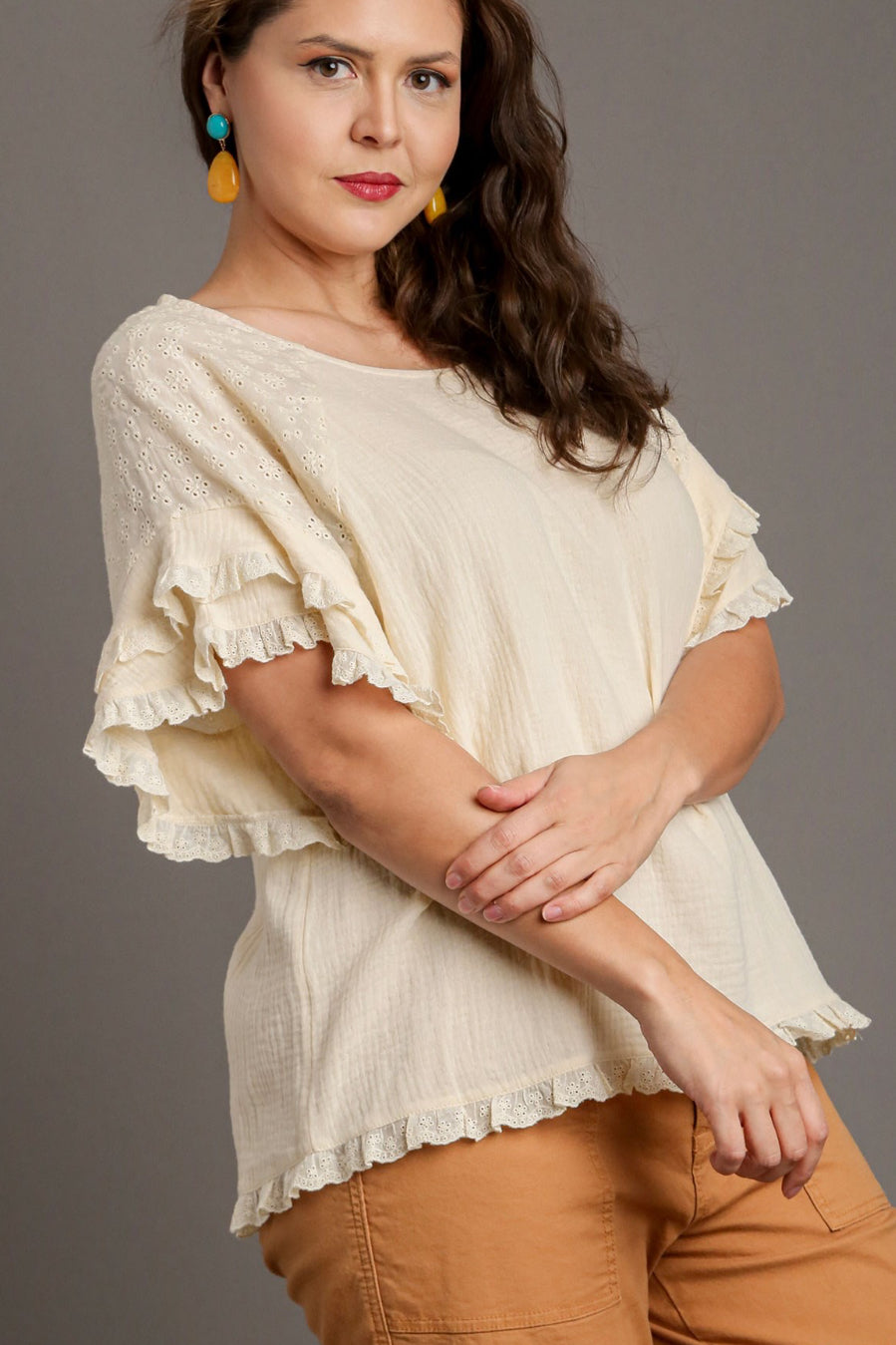 COTTON GAUZE ROUND NECK TOP WITH RUFFLE SLEEVES