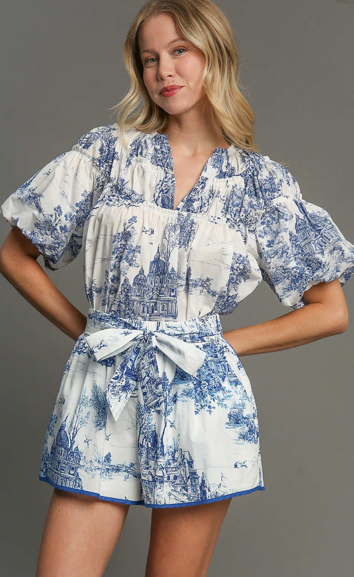 TOILE PRINTED SHIRRING NECKLINE TOP