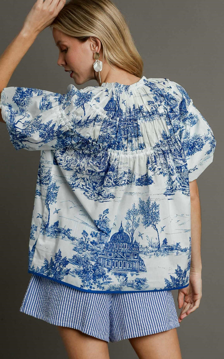 TOILE PRINTED SHIRRING NECKLINE TOP