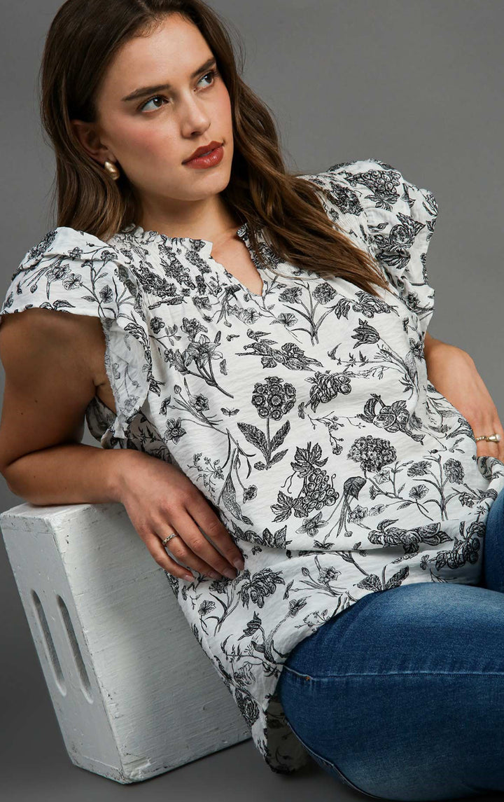 TWO TONE BOXY CUT FLORAL PRINT WITH SMOCKED DETAIL RUFFLE SLEEVES