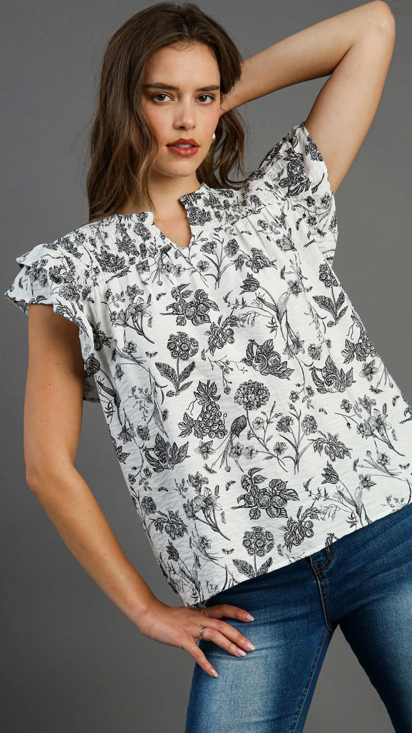 TWO TONE BOXY CUT FLORAL PRINT WITH SMOCKED DETAIL RUFFLE SLEEVES