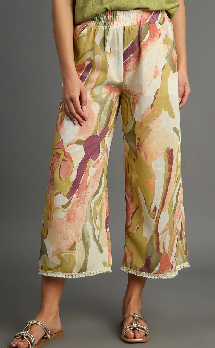 ABSTRACT PRINTED WIDE LEG PEACH PANTS WITH SIDE POCKETS