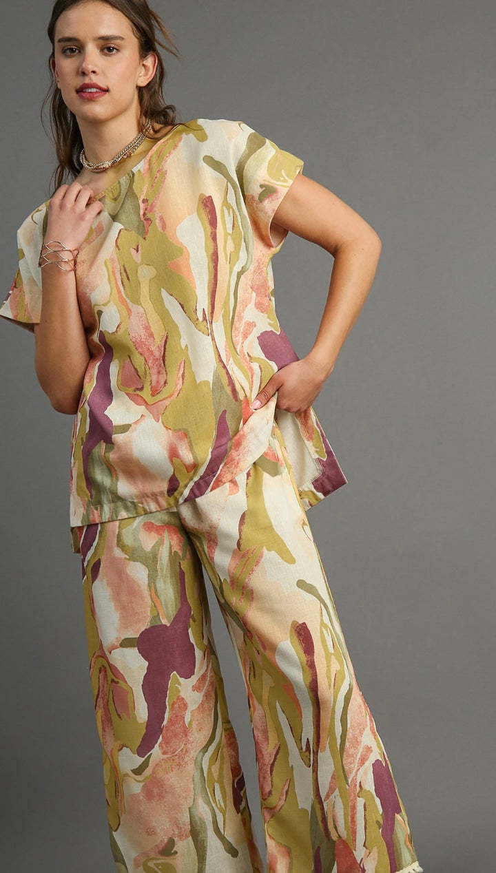 ABSTRACT PRINTED WIDE LEG PEACH PANTS WITH SIDE POCKETS