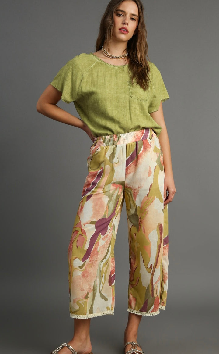 ABSTRACT PRINTED WIDE LEG PEACH PANTS WITH SIDE POCKETS