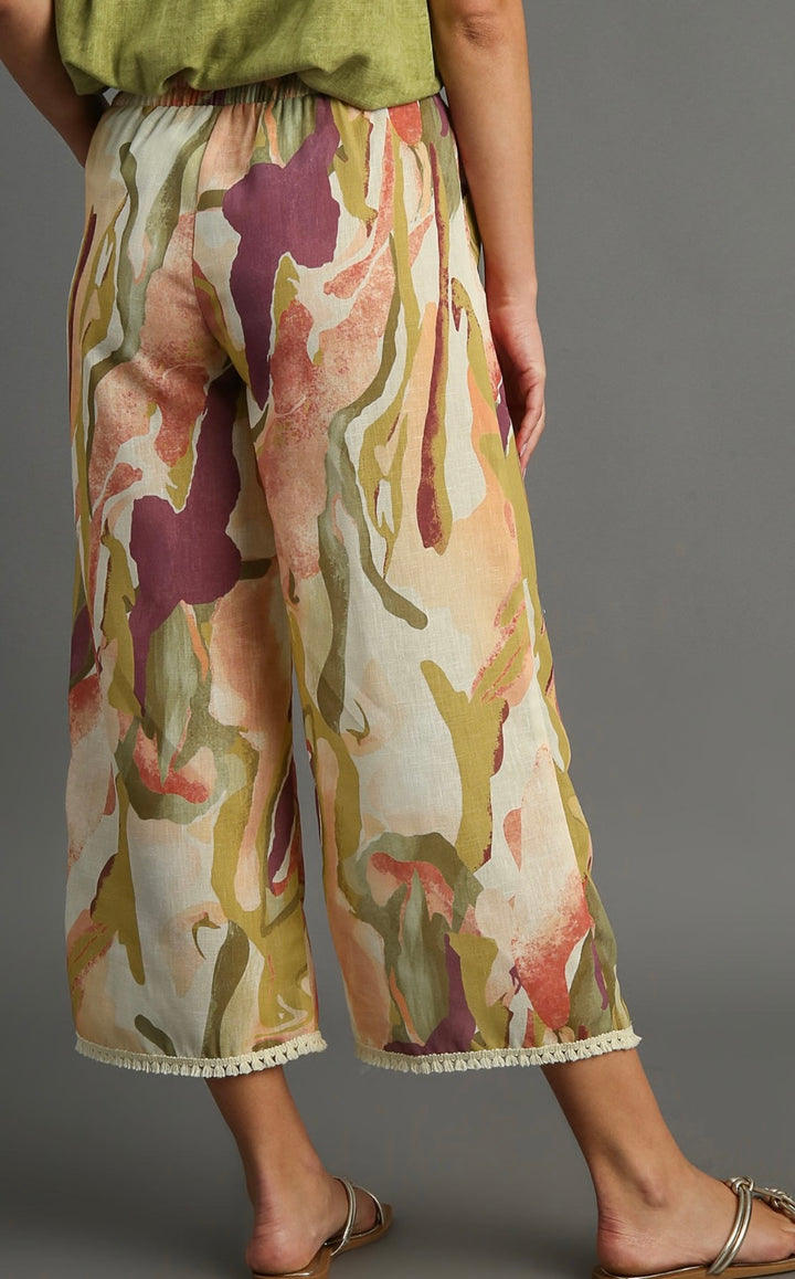 ABSTRACT PRINTED WIDE LEG PEACH PANTS WITH SIDE POCKETS