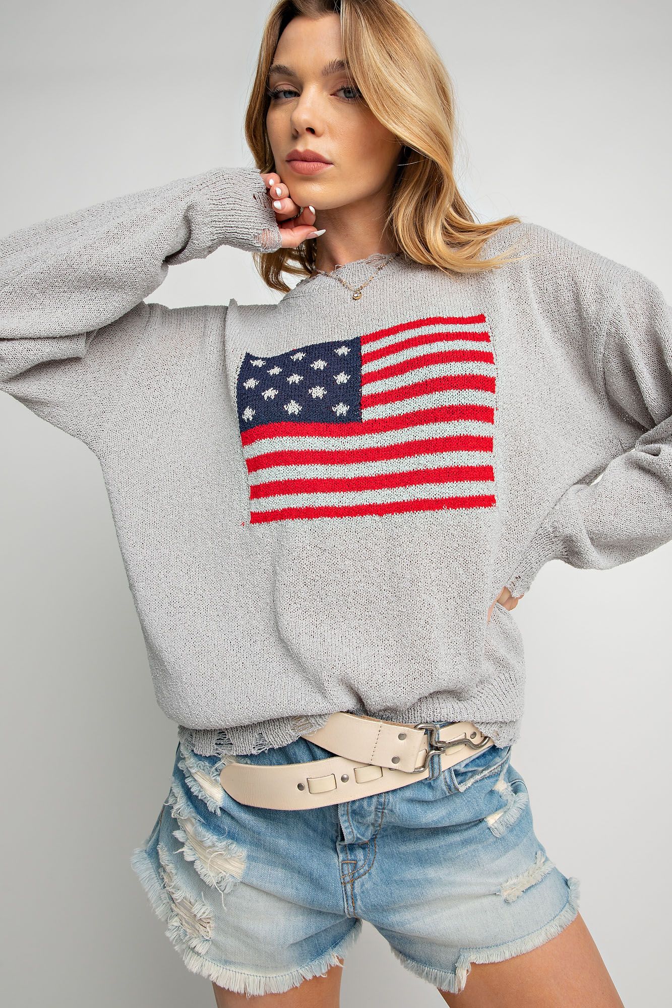 AMERICAN FLAG DISTRESSED SWEATER