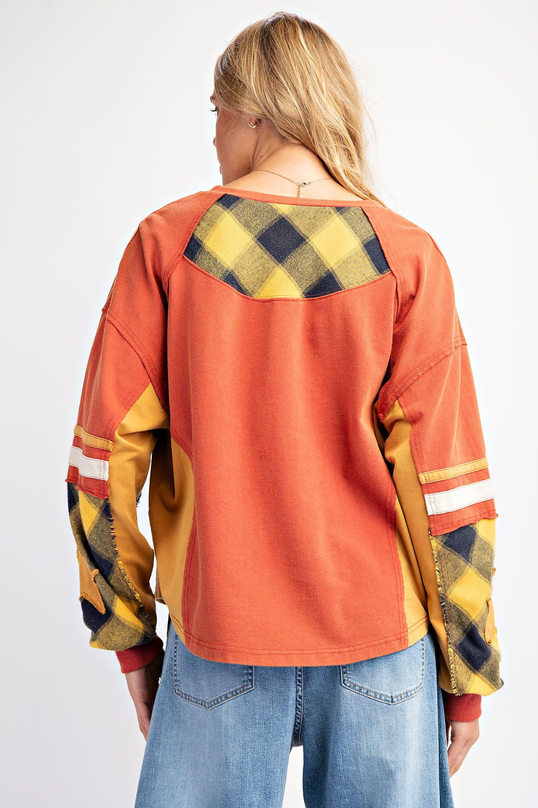 PLAID MIX COLOR BLOCK TERRY KNIT PULLOVER