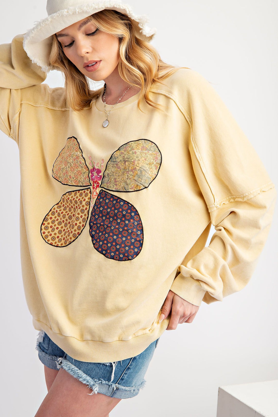 BUTTERFLY PATCH WASHED TERRY KNIT PULLOVER