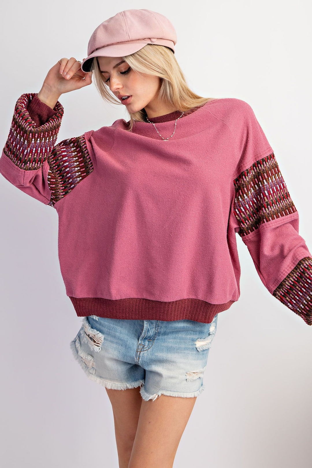 ETHNIC TRIM FEATURED INSIDE OUT KNIT PULLOVER