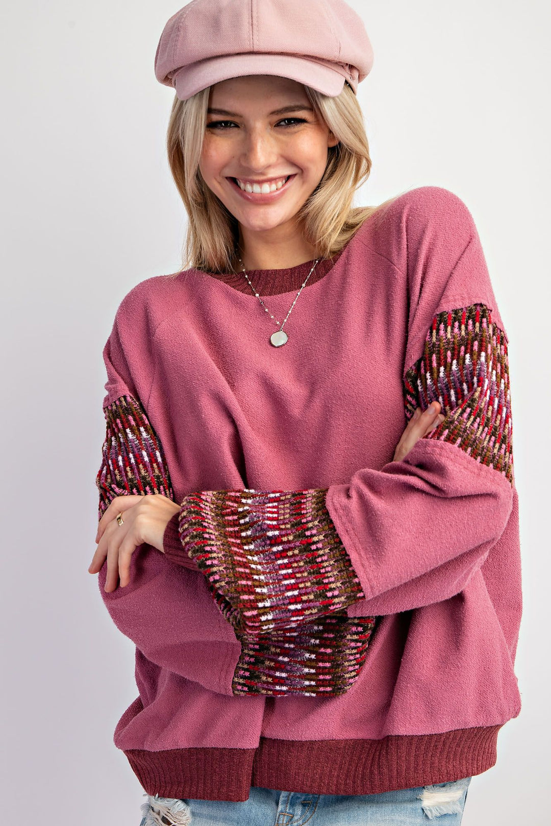 ETHNIC TRIM FEATURED INSIDE OUT KNIT PULLOVER