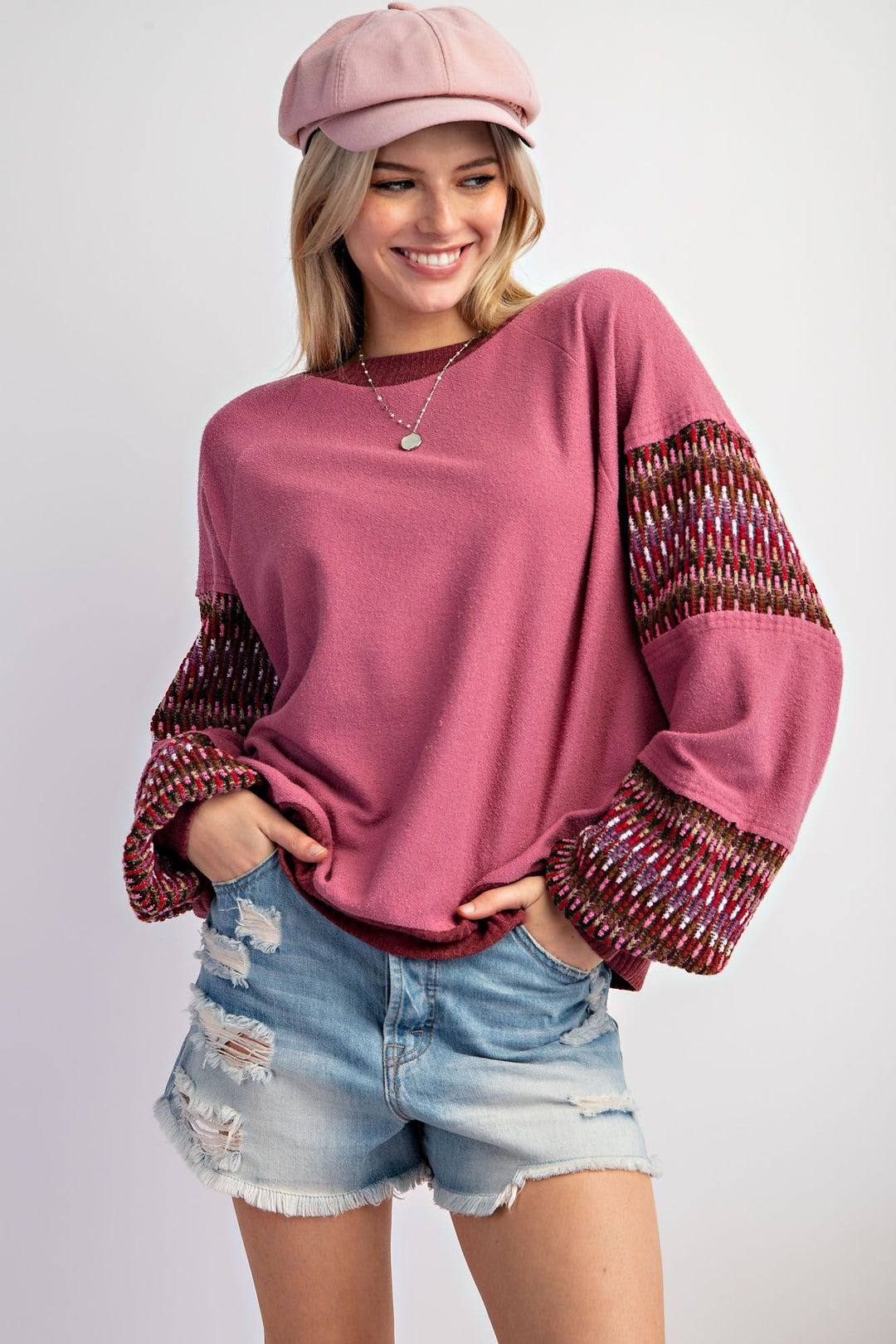 ETHNIC TRIM FEATURED INSIDE OUT KNIT PULLOVER