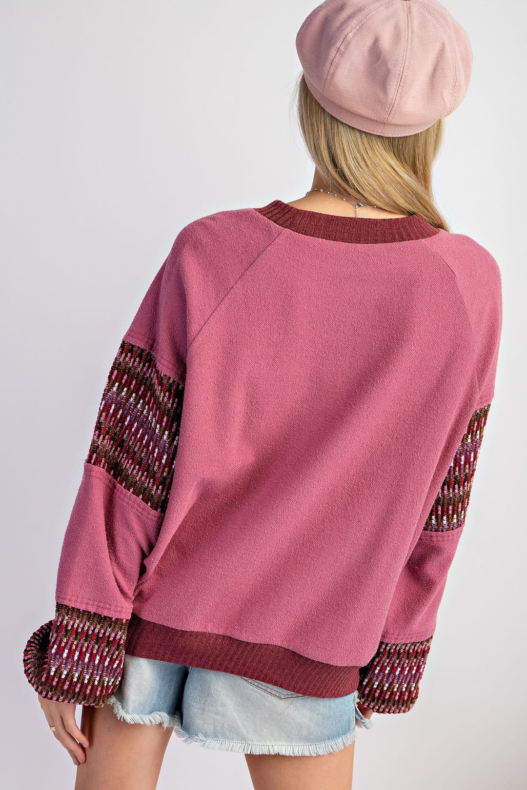 ETHNIC TRIM FEATURED INSIDE OUT KNIT PULLOVER