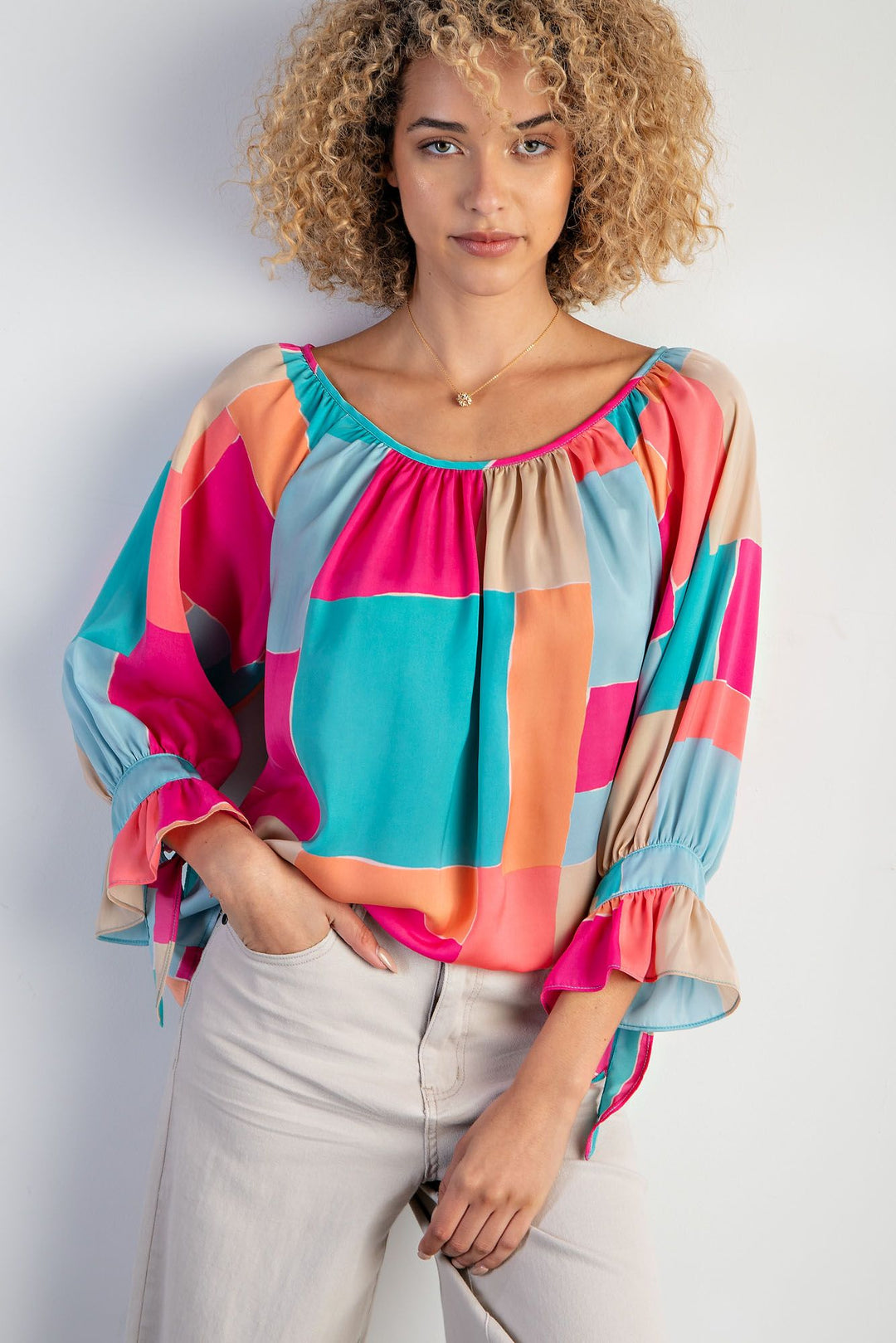 GEO PRINT MIRABELLE SATIN BLOUSE 3/4 SLEEVES