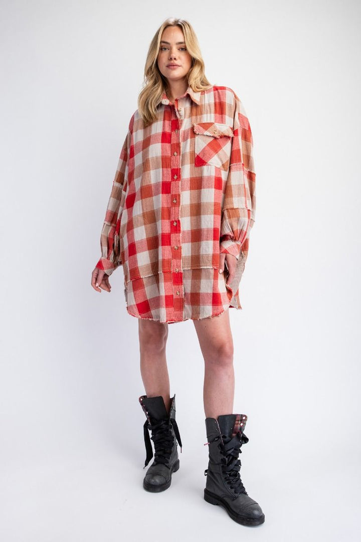 LONG SLEEVES PLAID YARN DYE OVERSIZED SHIRT DRESS