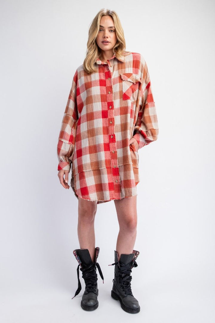 LONG SLEEVES PLAID YARN DYE OVERSIZED SHIRT DRESS