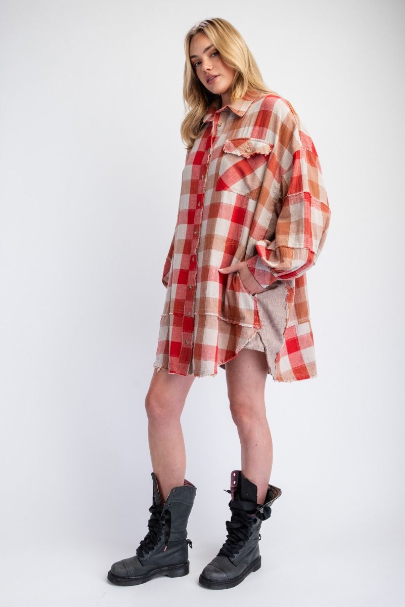 LONG SLEEVES PLAID YARN DYE OVERSIZED SHIRT DRESS