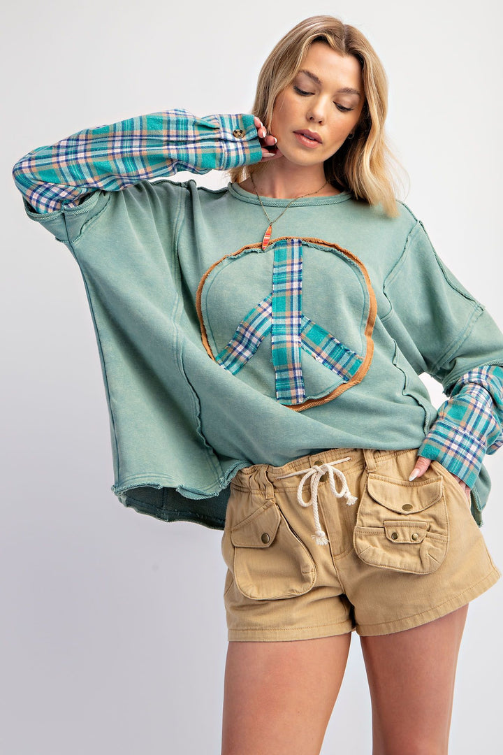 PLAID MIX LAYERED TERRY KNIT WASHED PULLOVER