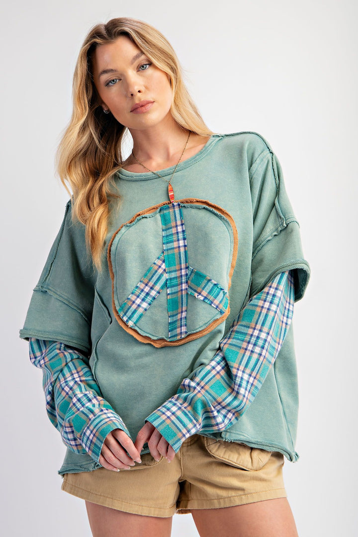 PLAID MIX LAYERED TERRY KNIT WASHED PULLOVER