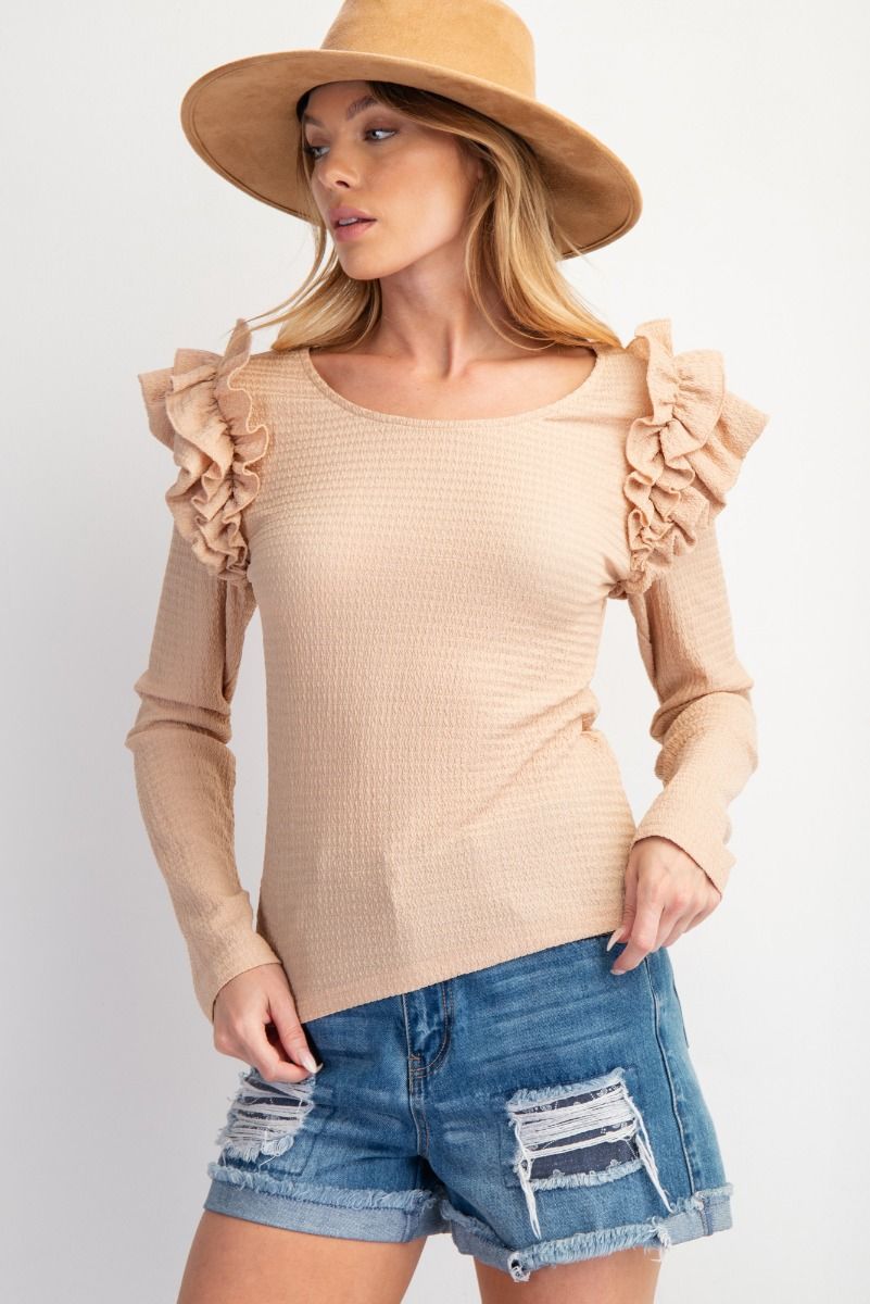 RUFFLE SHOULDER TEXTURED POLY KNIT TOP