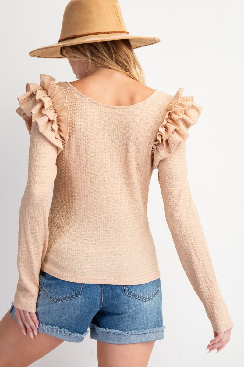 RUFFLE SHOULDER TEXTURED POLY KNIT TOP