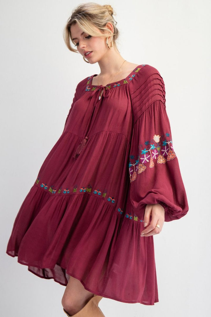 EMBROIDERY DETAILING RAYON GAUZE WOVEN DRESS