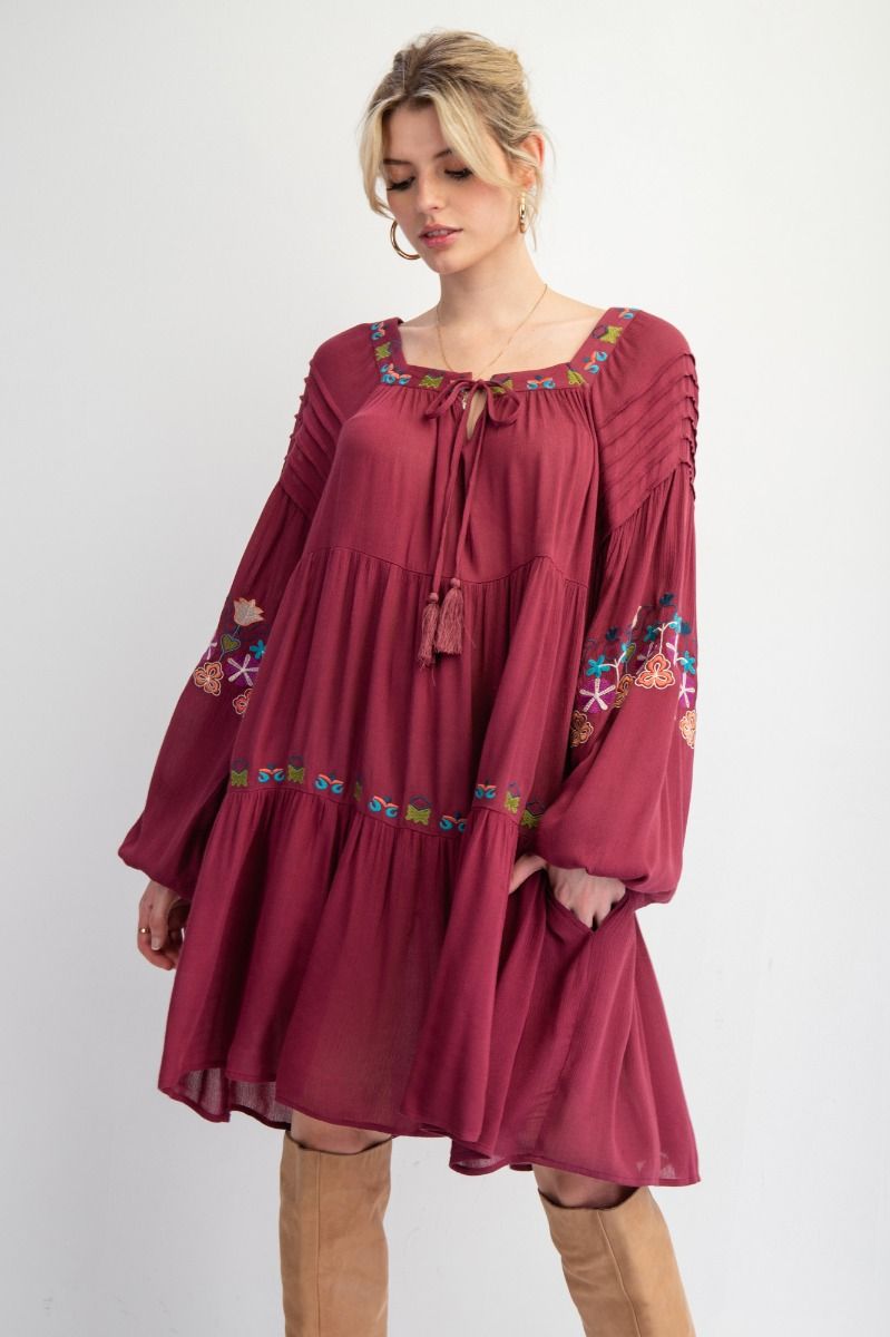 EMBROIDERY DETAILING RAYON GAUZE WOVEN DRESS