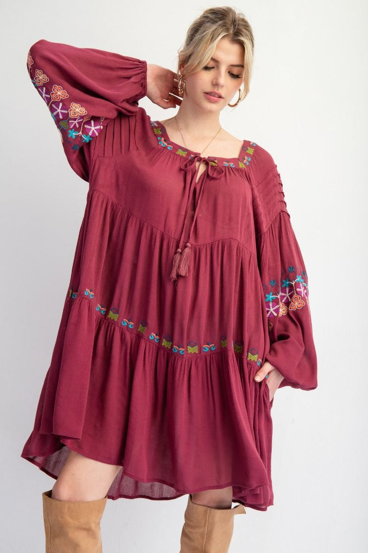 EMBROIDERY DETAILING RAYON GAUZE WOVEN DRESS