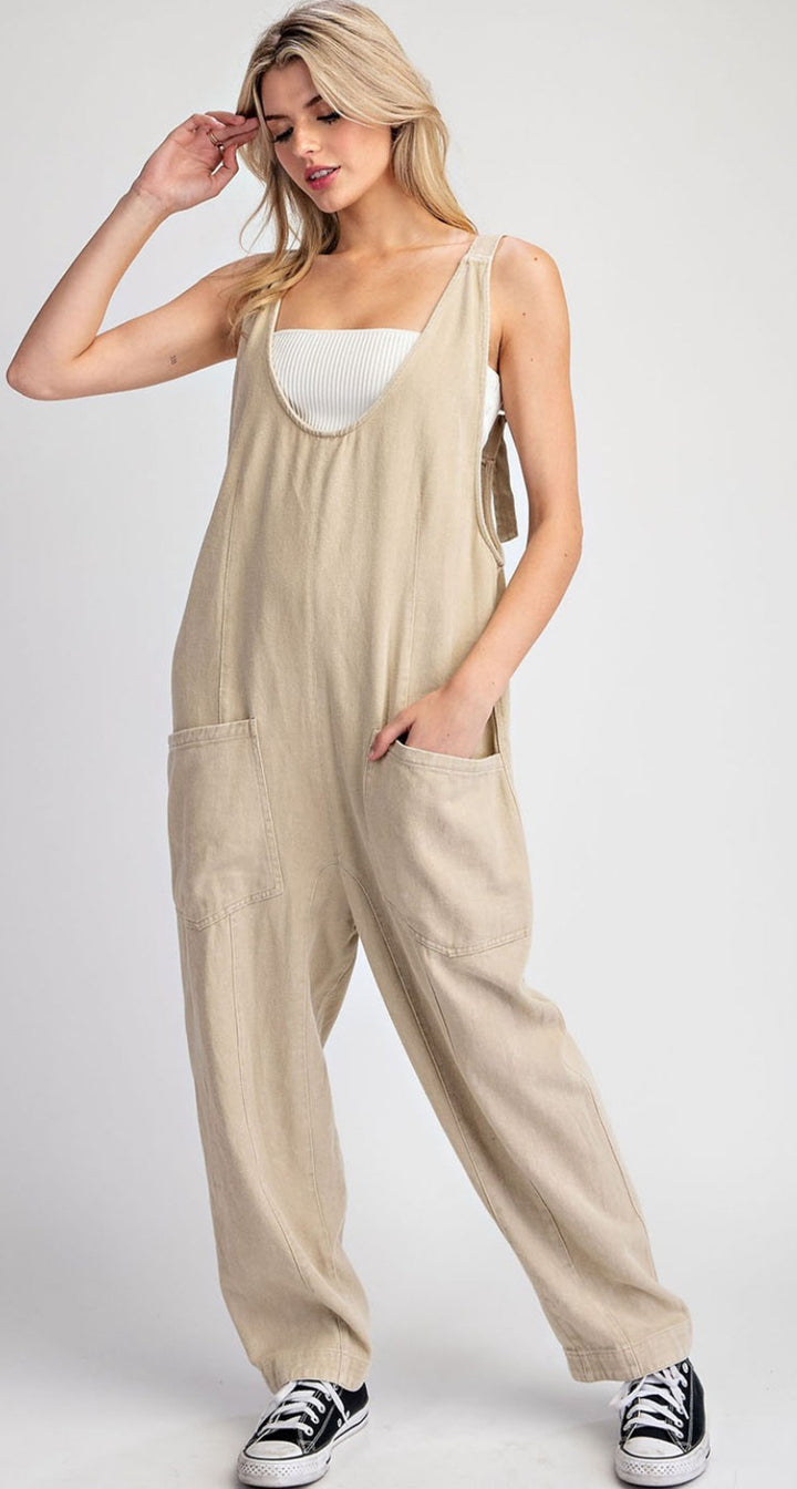 MINERAL WASHED SOLID SCOOP NECK JUMPSUIT