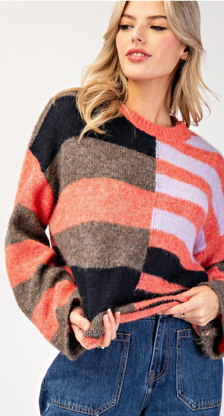 COLOR BLOCK STRIPED SWEATER TOP