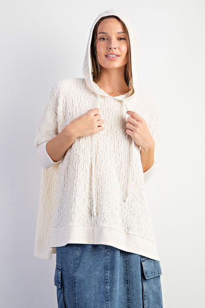 3/4 SLEEVE TEXTURED KNIT HOODIE PULLOVER