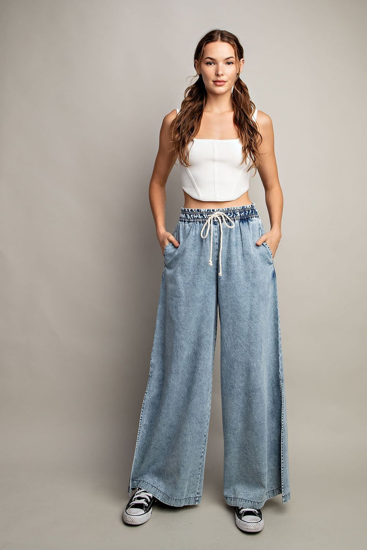 MINERAL WASHED WIDE LEG PANTS