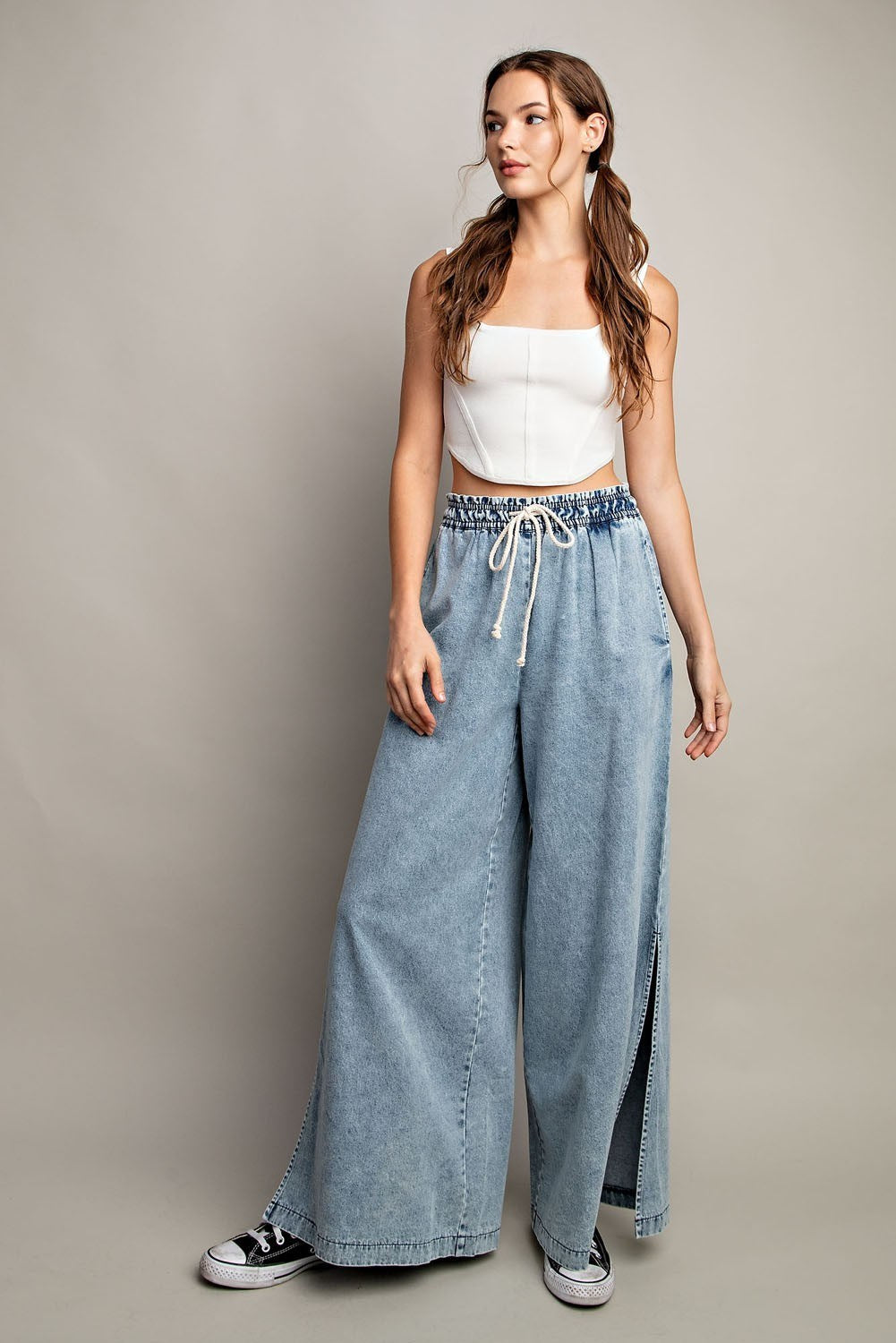 MINERAL WASHED WIDE LEG PANTS