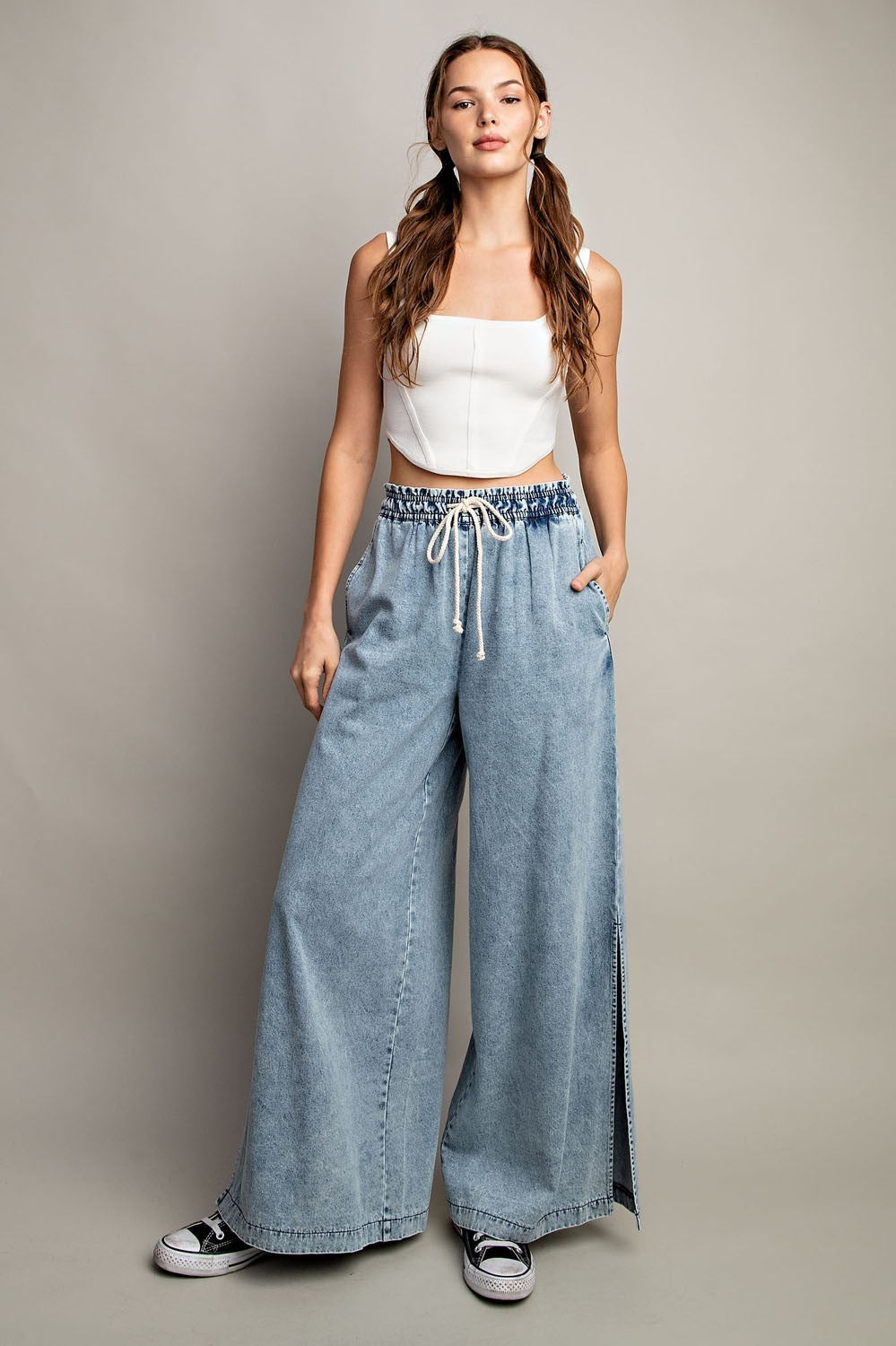 MINERAL WASHED WIDE LEG PANTS