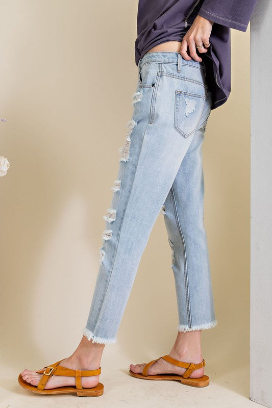 DISTRESSED WASHED DENIM PANTS