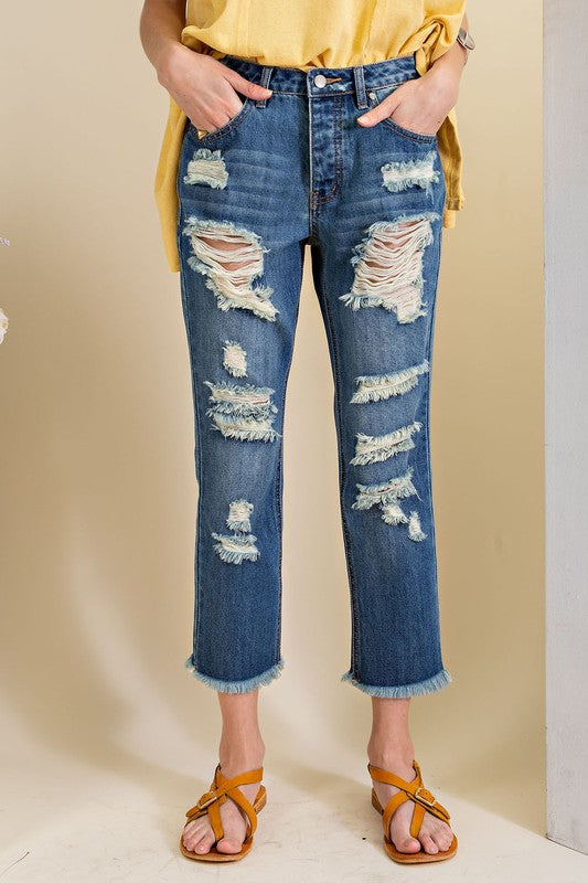 DISTRESSED WASHED DENIM PANTS