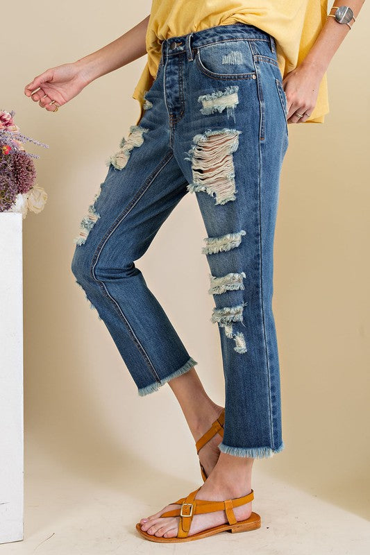 DISTRESSED WASHED DENIM PANTS