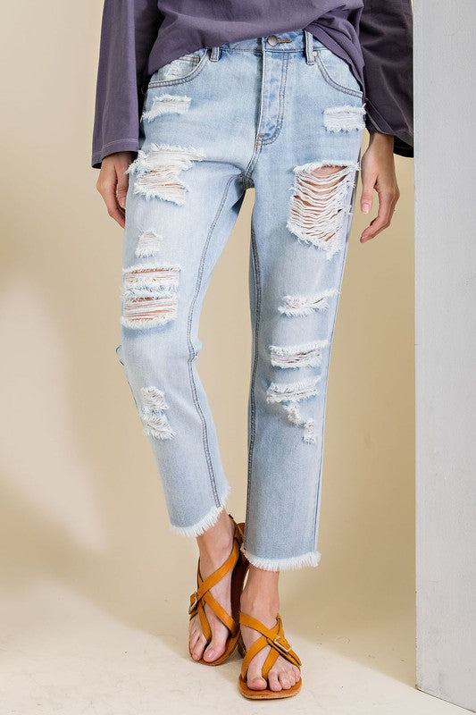 DISTRESSED WASHED DENIM PANTS